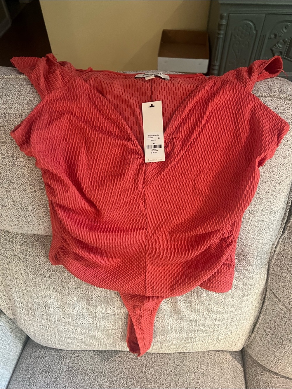 Francesca's Collections Coral Textured Bodysuit with V-Neck